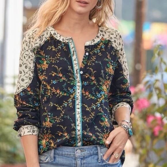 Sundance Stories To Be Told Top Womens Small Navy Floral Contrasting Trim Boho - Picture 1 of 8
